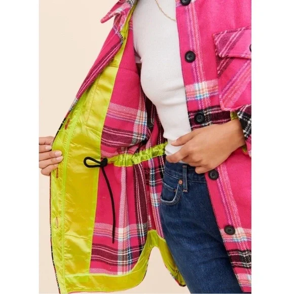 Free People / Down For You Plaid Shirt Jacket Pink - Picture 5 of 10